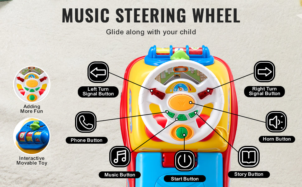 Toddler Ride On Push Car with Music Steering Wheel Seat Storage